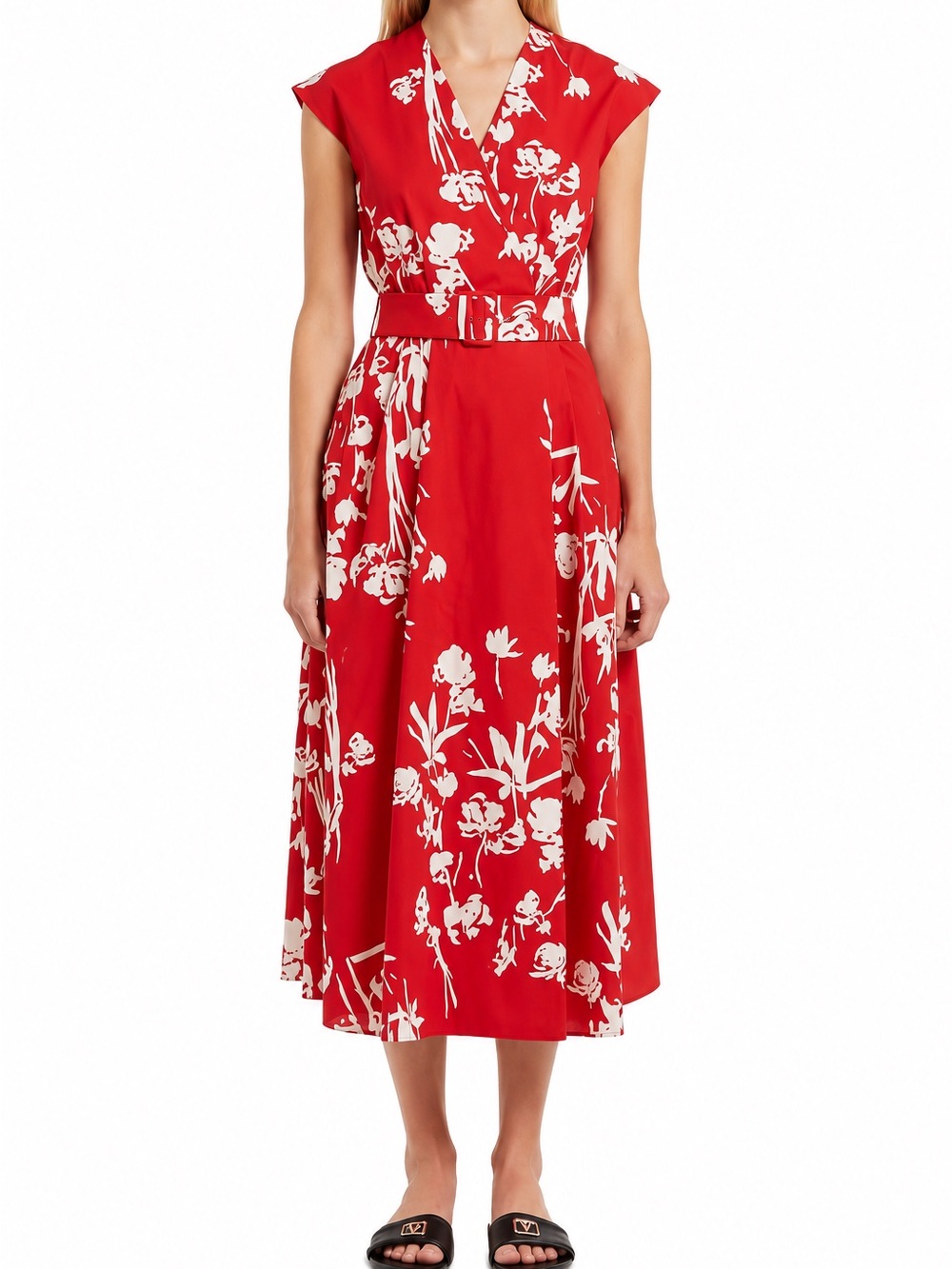 MARELLA Red Floral Belted Midi Dress